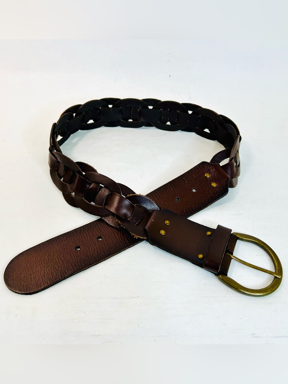 American Eagle Brown Leather Boho Woven Belt Brass Buckle ~40” Long - Picture 5 of 13